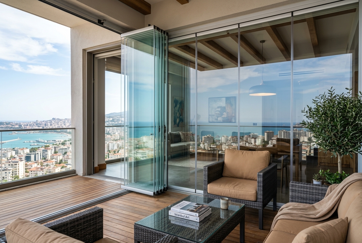 Modern lüks ısıcamlı katlanır cam balkon ve panaromik pencere sistemi