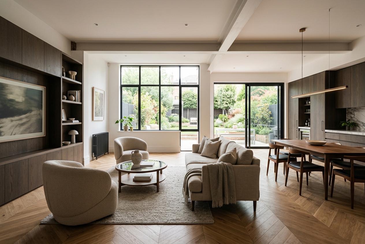 Modern komple lüks daire iç mekan tadilatı ve açık plan salon tasarımı