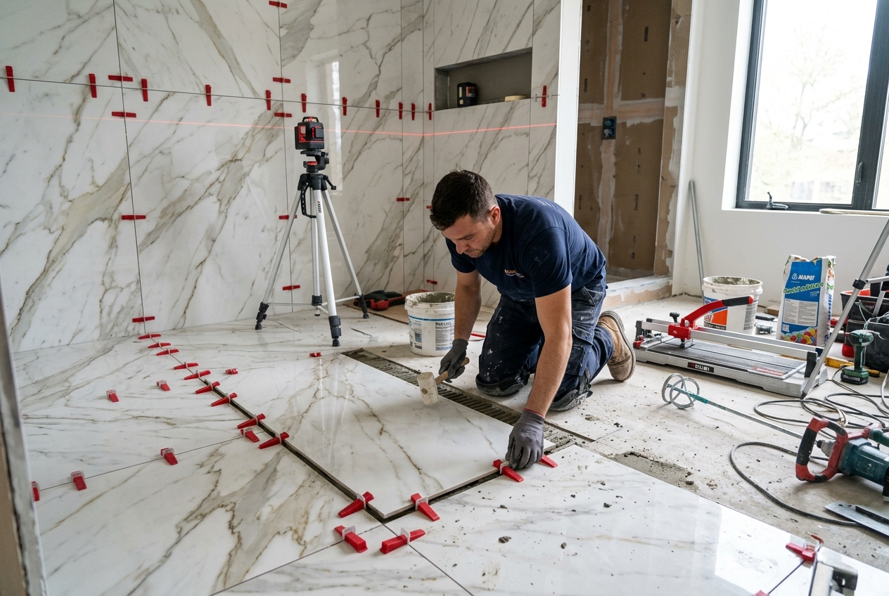 Büyük ebat Calacatta porselen seramik zemin ve banyo döşeme işçiliği